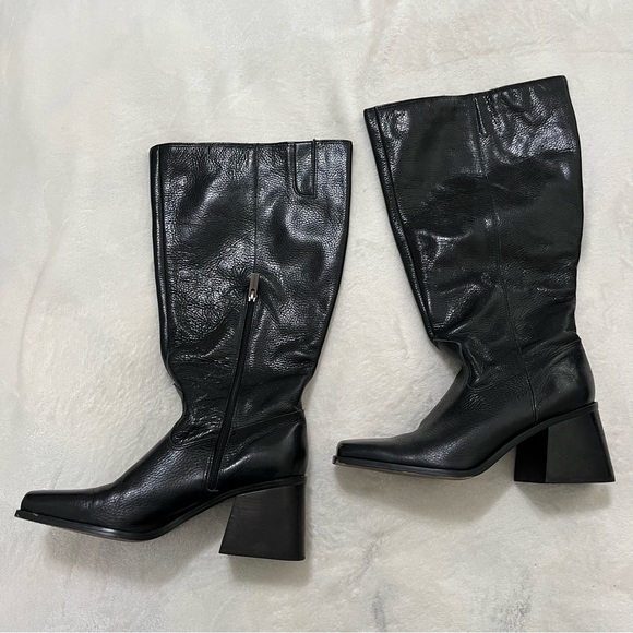 Vince Camuto Sangeti Boots 10W XC | Black Leather Wide Calf Knee High Block Heel - Picture 2 of 15